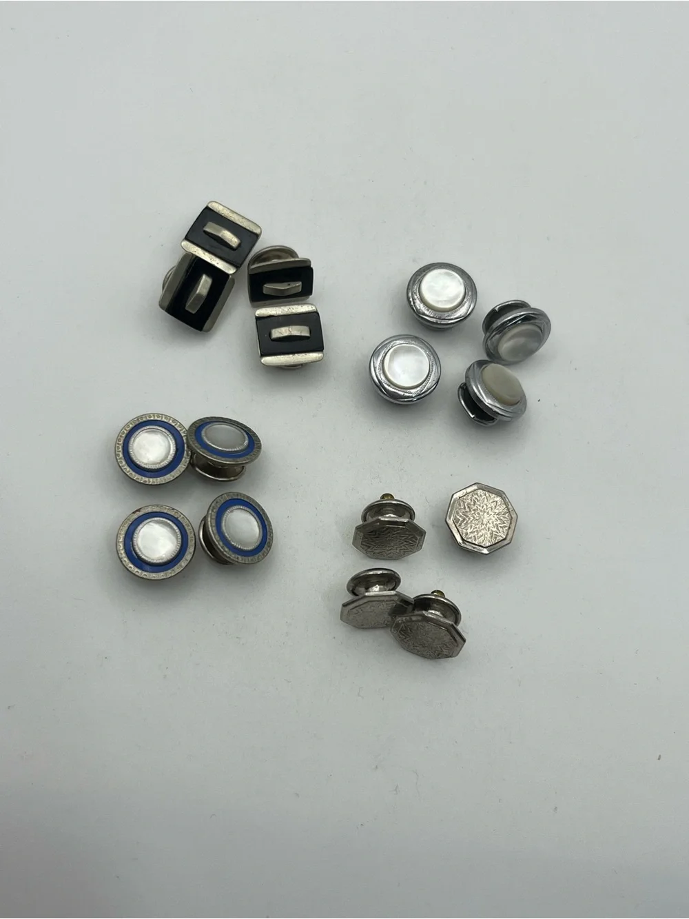 Art Deco silver tone snap link cufflinks vintage set of 4 embossed design